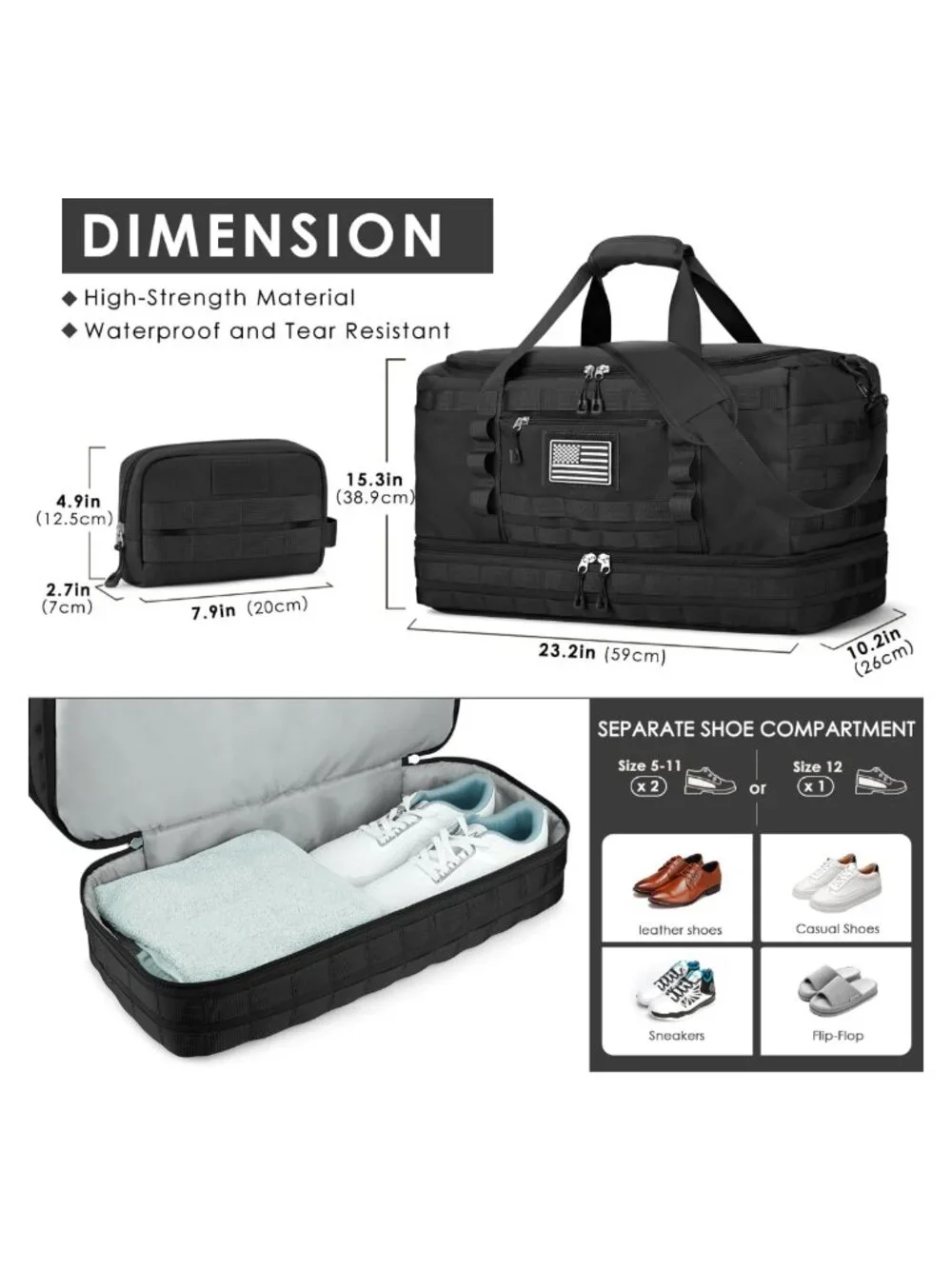 X-Large Canvas Tactical Duffle Bag with Shoe Compartment & Toiletry Bag,